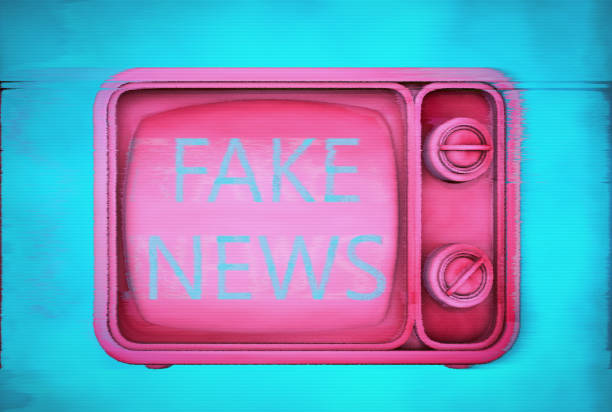 3D illustration: with glitch VHS effect, defects, noise. Vintage pink TV with Fake News text on the screen. The concept of modern news programs. Television is fully controlled by its sponsors.