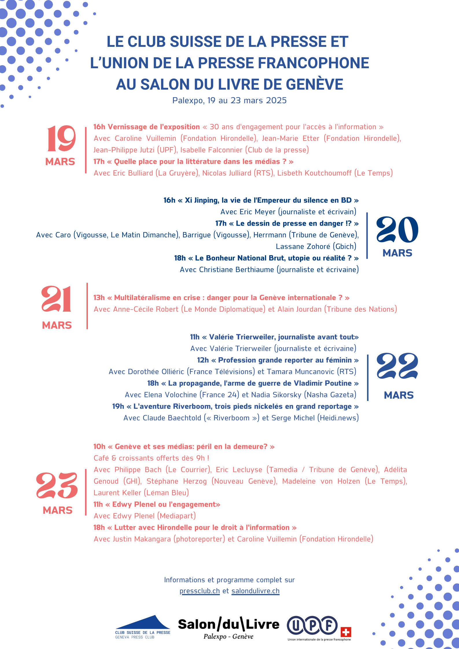 Programme Complet-LE CLUB SUISSE DE LA PRESSE ET L’UPF AU SALON DU LIVRE DE GENÈVE